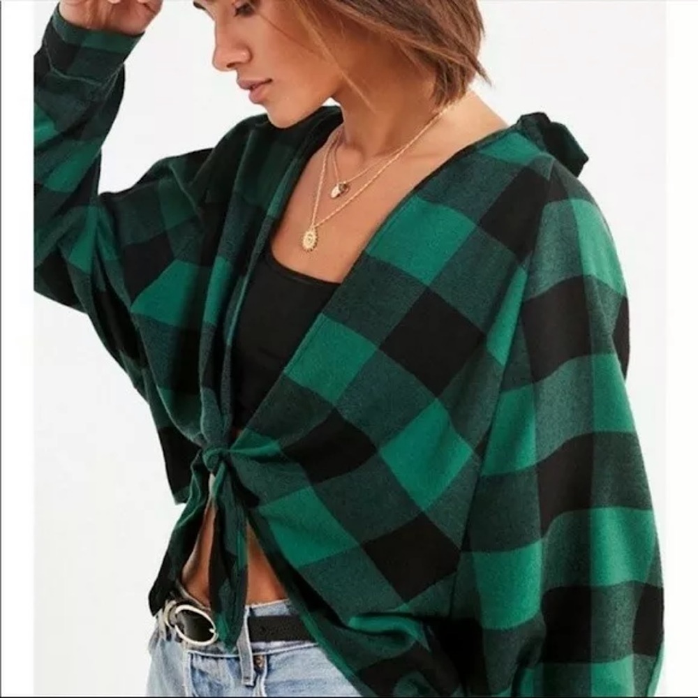 UO BDG Courtney Green Plaid Tie Front Flannel Top